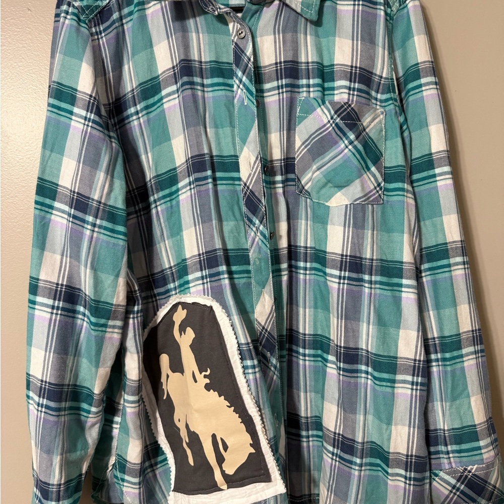 Plaid Button-Up Shirt with Western Patch